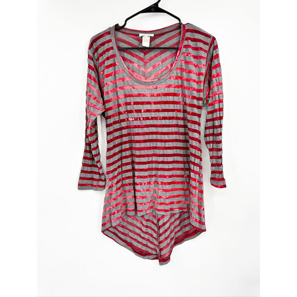 Sundance Mystic Stripe Burn Out Long Sleeve Asymmetric Red Grey Hi-Low Tunic Top